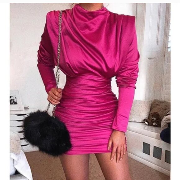 House Of CB Giorgiana Satin Draped Hot Pink Mini Dress NWOT